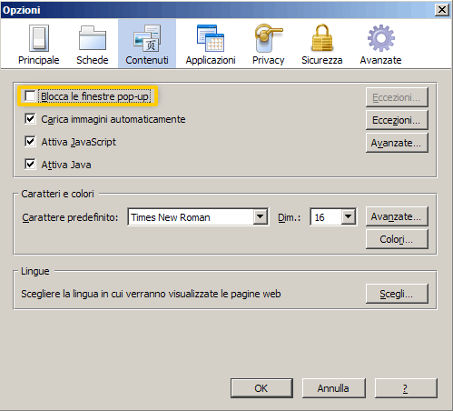 Finestra Contenuti di Mozilla Firefox aperta con la casella Blocca le finestre pop-up senza segno di spunta