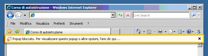 Pagina iniziale di Internet Explorer con la barra delle informazioni che riporta il messaggio di Blocco popup