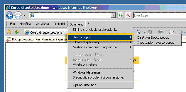 Menu strumenti di Internet Explorer aperto con la voce Blocco popup selezionata