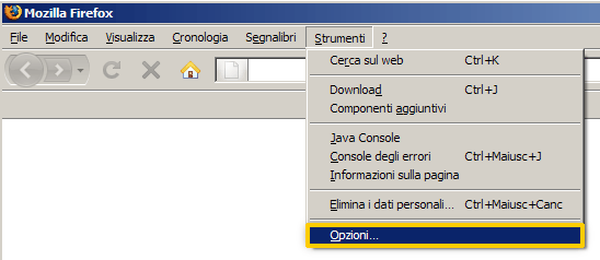 Menu Strumenti di Mozilla Firefox aperto con la voce Opzioni selezionata
