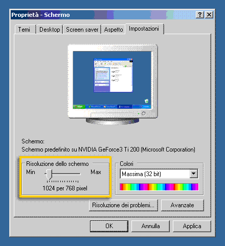 Finesta di dialogo Propriet schermo con la scheda Impostazioni selezionata ed il cursore sulla risoluzione dello schermo a 1024x768